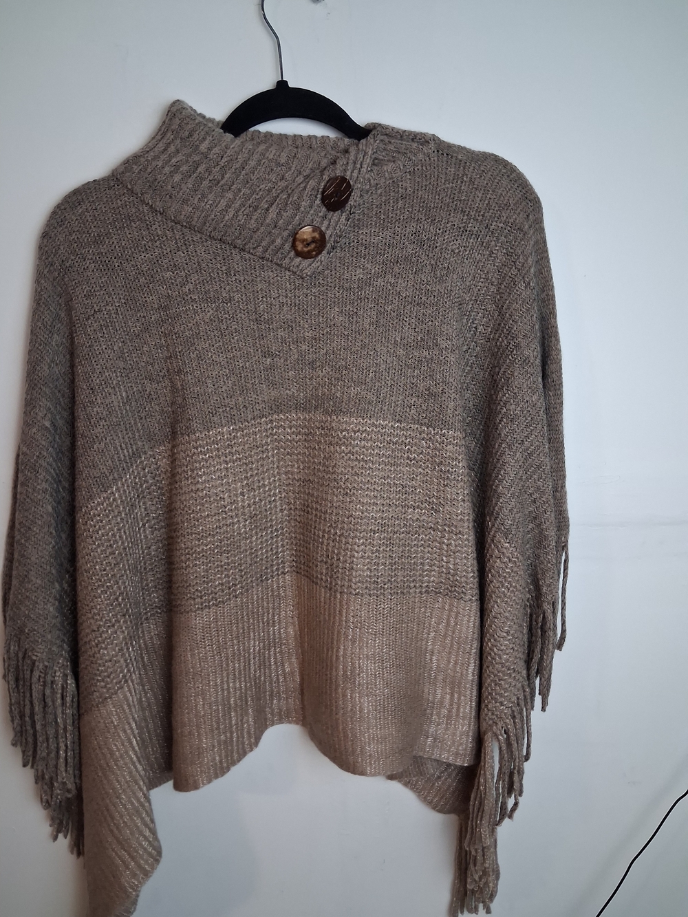 Source Unknown Taupe Fringe Button-Neck Poncho Sweater